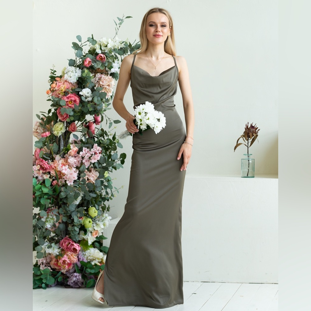❗️NEW❗️ Khaki Spaghetti Strap Cowl Neck Long Silk Dress